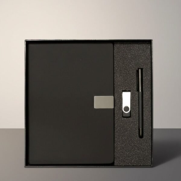 Luxury B5 Leather Notebook Gift Set with Pen & Flash Drive – Elegant Black