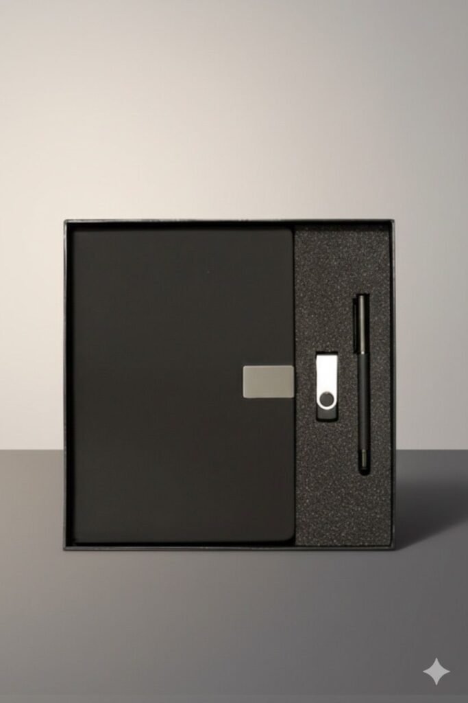 Luxury B5 Leather Notebook Gift Set with Pen & Flash Drive – Elegant Black