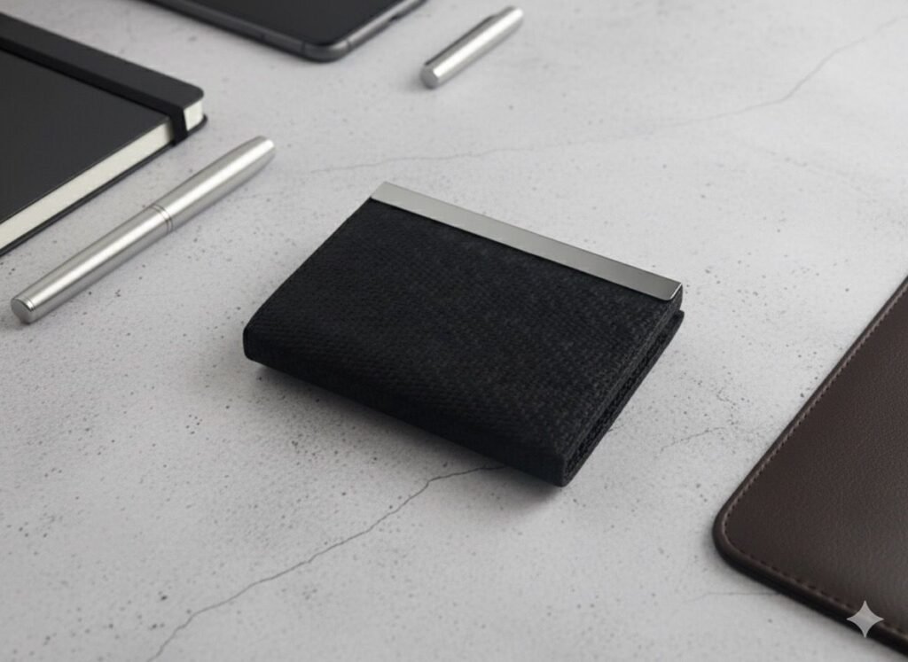 Elegant Textured Black Card Holder with Polished Silver Accent – Slim, Durable & Stylish Organizer