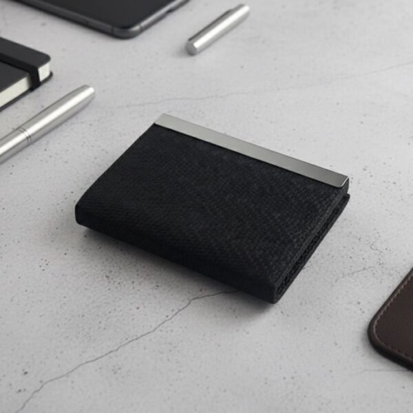 Elegant Textured Black Card Holder with Polished Silver Accent – Slim, Durable & Stylish Organizer