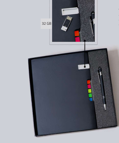 Premium Black Business Gift Set with Notebook, Pen, Sticky Notes & 32GB Flash Drive