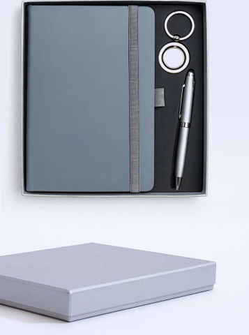 Premium 3-in-1 Business Gift Set with Grey Notebook, Pen & Keychain