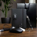 Premium Office Gift Set – Leather Notebook, Pen, Wireless Mouse, Multi Charging Cable & Luxury Gift Bag – Black 1