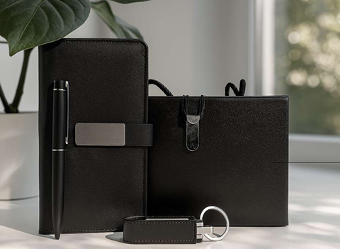 Premium Business Gift Set with Leather Notebook, Pen & Keychain
