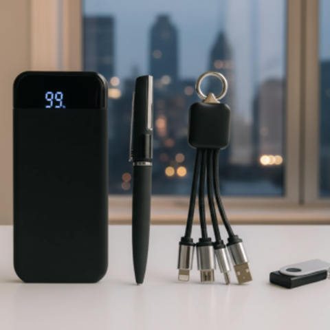 Executive Power Gift Set with Power Bank, 3-in-1 Charging Cable, Flash Drive & Pen – Black