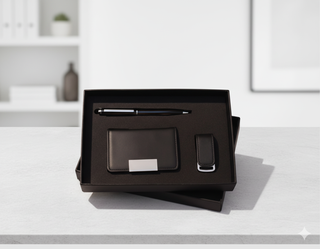 Premium Business Gift Set with Card Holder, USB Flash Drive & Metal Pen – Elegant Corporate Gift