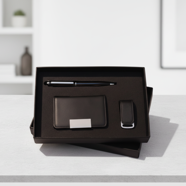 Premium Business Gift Set with Card Holder, USB Flash Drive & Metal Pen – Elegant Corporate Gift