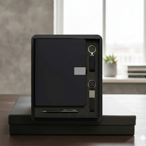 Black Business Gift Set with Notebook, Pen & 2 Keychains – Elegant Corporate Collection