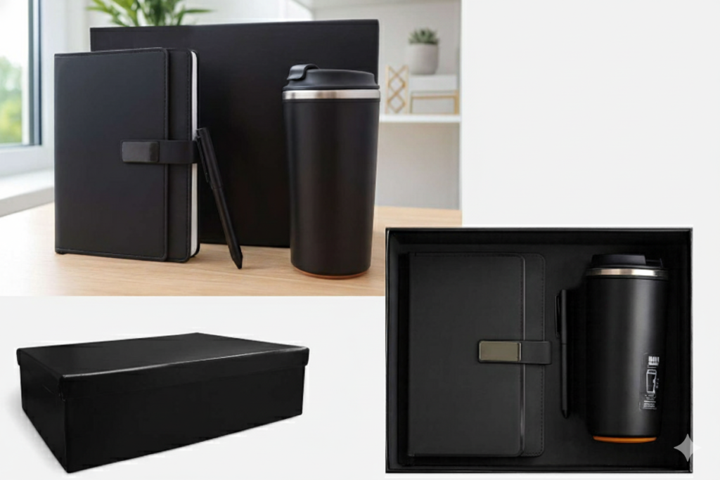 Premium 3-in-1 Business Gift Set – Notebook, Metal Pen & Thermal Mug – Elegant Corporate Gift Box