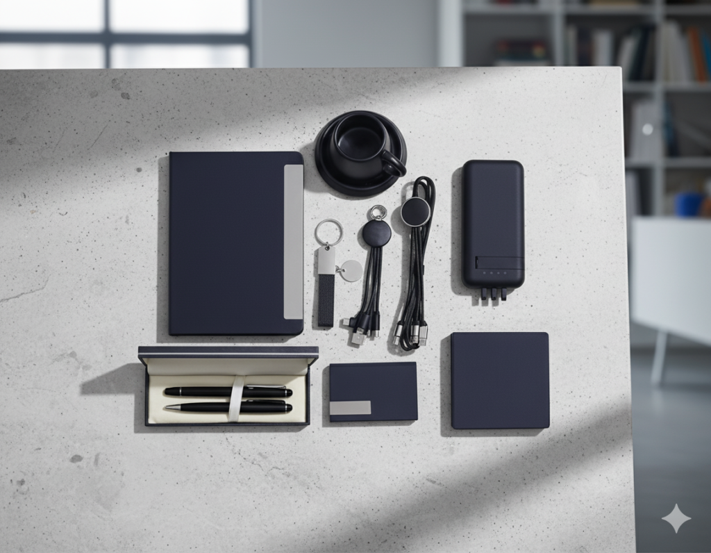 Luxury VIP Business Gift Set — Notebook, 10000mAh Wireless Power Bank, 2 Charging Cables, 2 Pens, Mug with Coaster, Card Holder & Keychain — Black & Silver