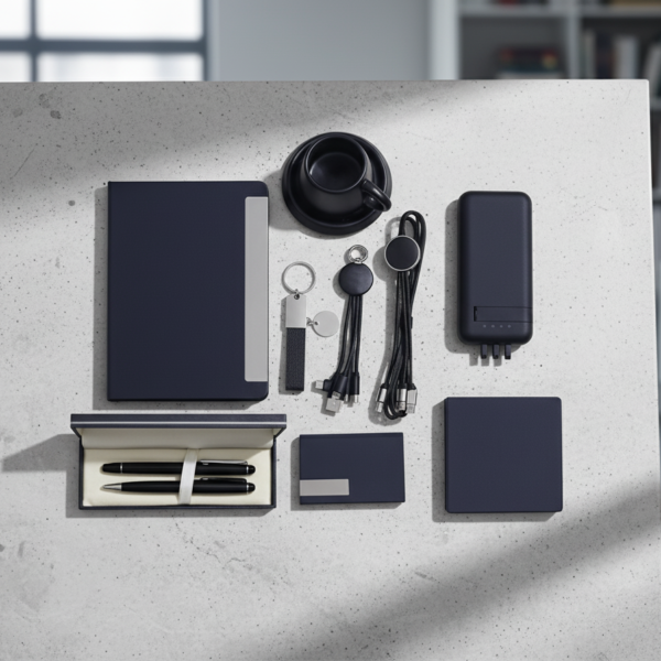 Luxury VIP Business Gift Set — Notebook, 10000mAh Wireless Power Bank, 2 Charging Cables, 2 Pens, Mug with Coaster, Card Holder & Keychain — Black & Silver