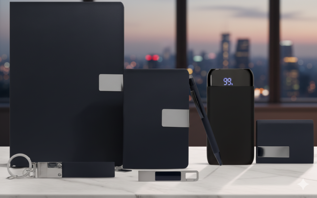 Executive Business Gift Set with Power Bank, 2 Notebooks, Pen, Keychain & Card Holder – Black Edition