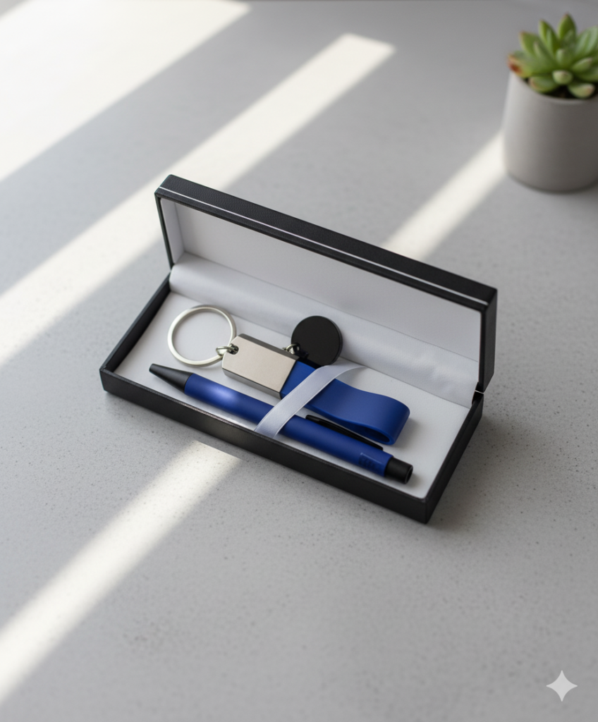 Elegant Blue Gift Set – Metal Pen & Keychain in Luxury Box – Perfect Corporate or Personal Gift