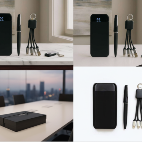 طقم هدايا طاقة تنفيذي مع باور بانك، كابل 3 في 1، فلاشة وقلم معدني – أسود