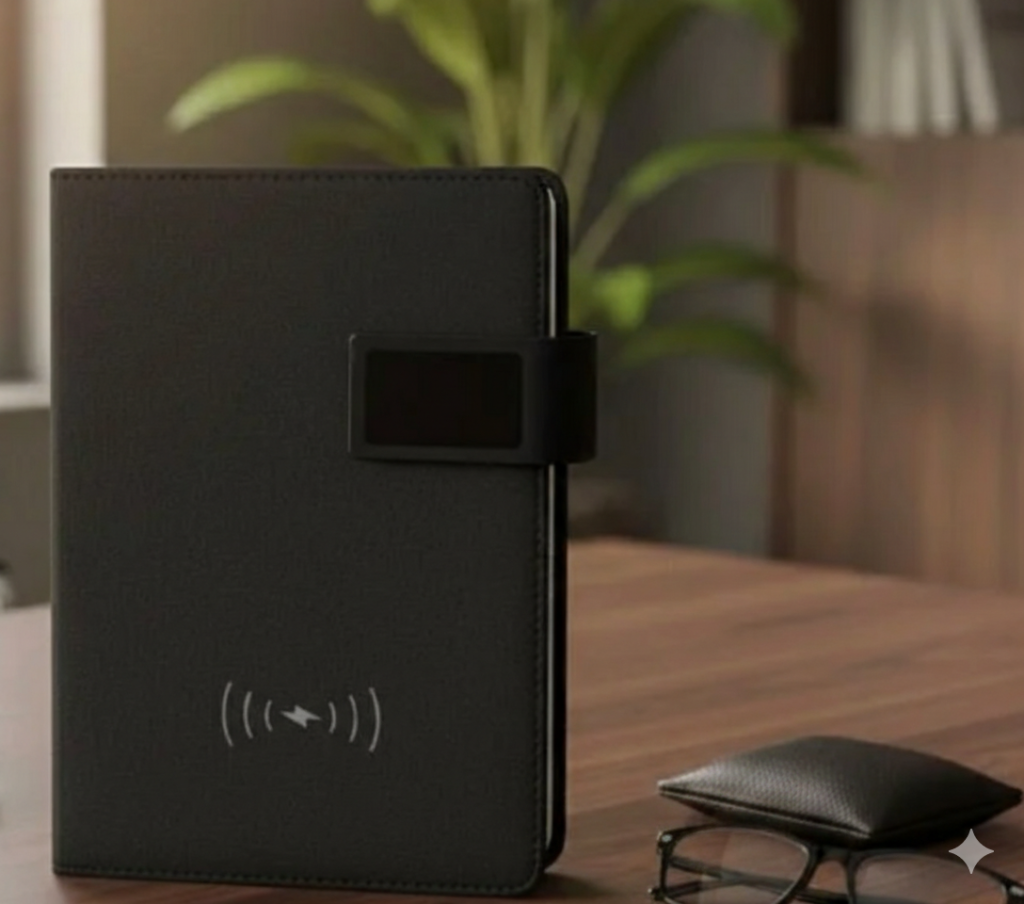 Smart A5 Notebook Organizer with 4000mAh Power Bank & 5W Wireless Charging – Light Grey & Black