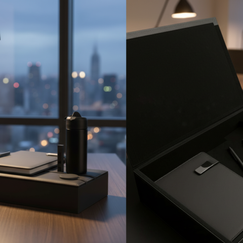 Luxury Black Desk Gift Set – Thermal Mug, Metal Pen & Leather Notebook – Modern Elegant Design