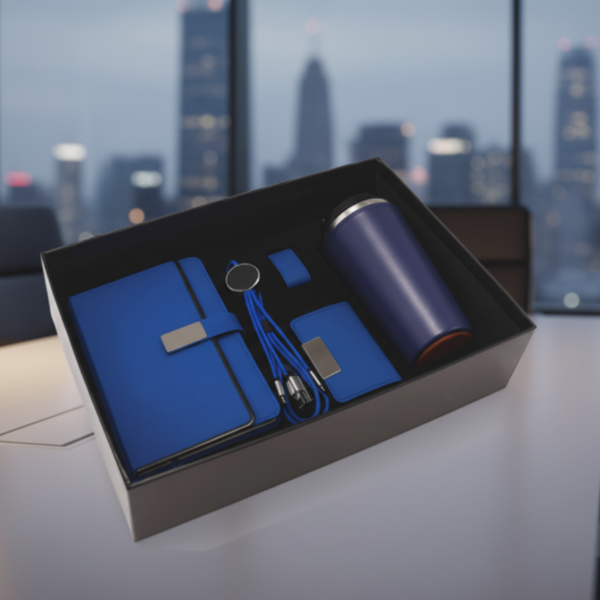 Executive Business Gift Set with Notebook, Thermal Mug, Flash Drive, Card Holder & Charging Cable – Navy Blue