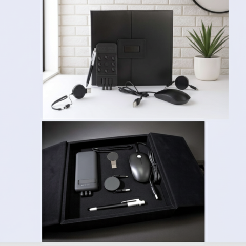 VIP Business Gift Set with Power Bank, Flash Drive, Mouse, Charging Cable & Pen – Black Edition