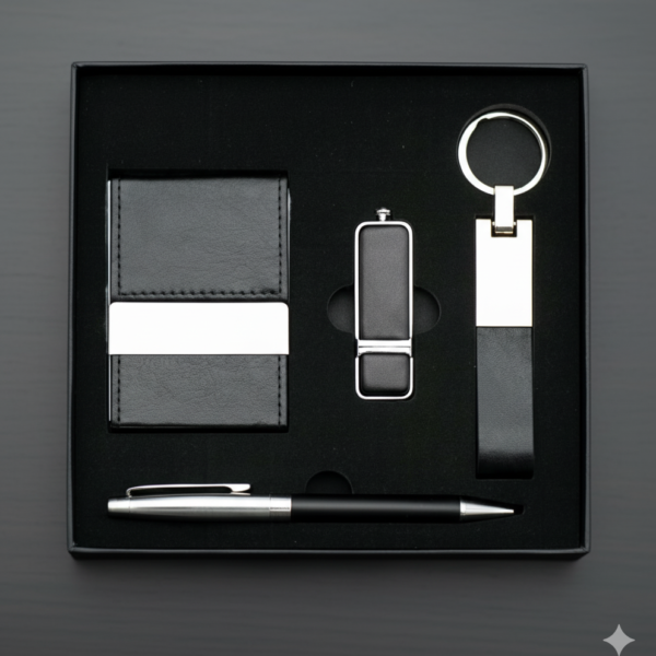 Premium 4-in-1 Business Gift Set – USB Flash Drive, Metal Pen, Card Holder & Keychain – Elegant Office Gift