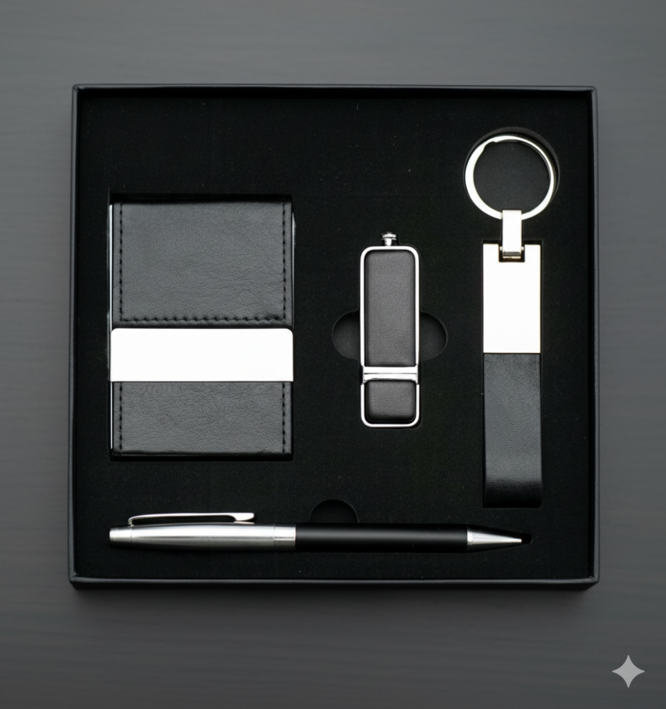 Premium 4-in-1 Business Gift Set – USB Flash Drive, Metal Pen, Card Holder & Keychain – Elegant Office Gift