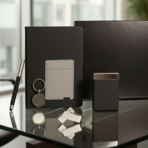 Business Gift Set – Black Notebook, Metal Pen, Flash Drive, Card Holder & Keychain – Premium Executive Box