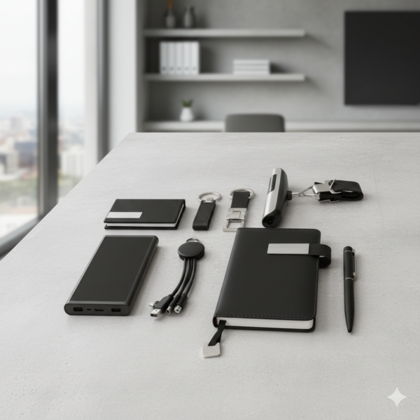 Complete Gift Set – Notebook, Luggage Scale, 2 Medals, Power Bank, Pen & 3-in-1 Charging Cable – Stylish Black Box