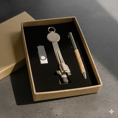 Eco-Friendly Office Gift Set – Pen, USB Flash Drive & Dual USB Charging Cable