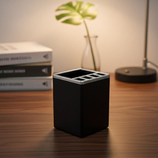 Elegant Multi-Compartment Desk Organizer – Black & Silver Pen Holder