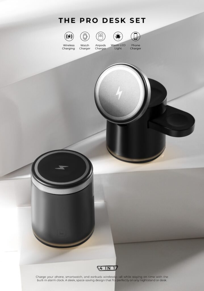 The PRO Desk Set – 4-in-1 Wireless Charging Station with Alarm Clock & LED Light