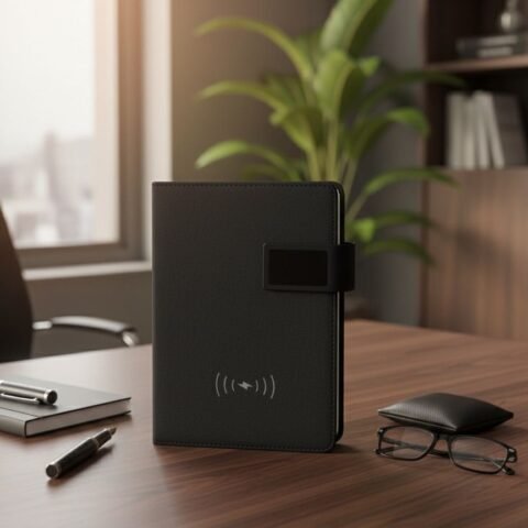 منظم نوت بوك A5 ذكي مع باور بانك 4000mAh وشحن لاسلكي 5 واط – رمادي فاتح وأسود