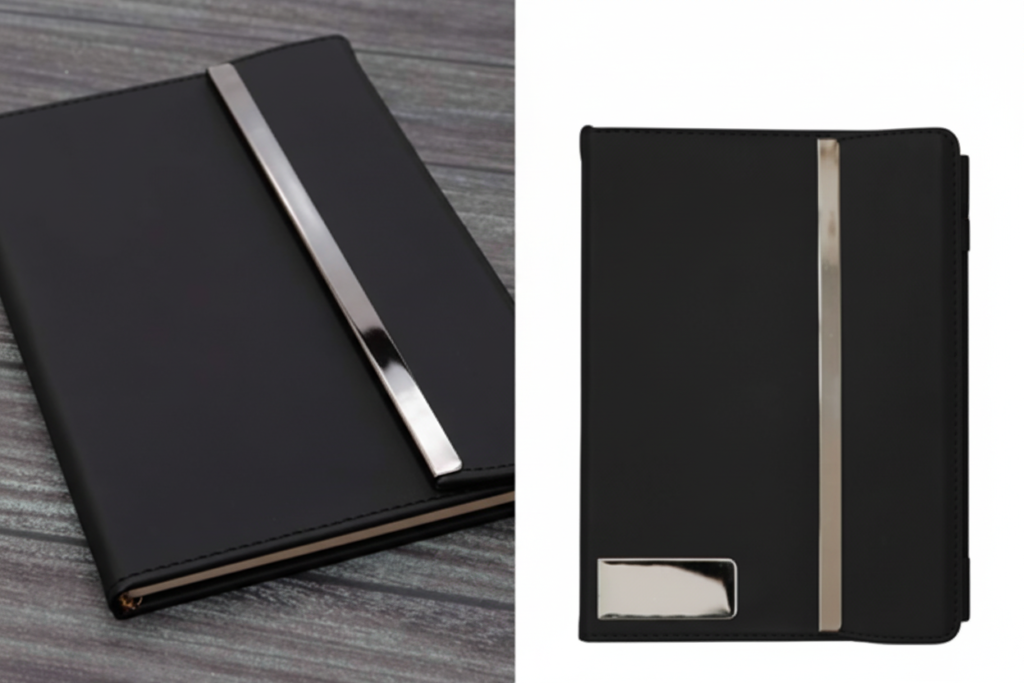 Luxury Black Notebook with Polished Metal Accent – Elegant, Modern & Professional Design