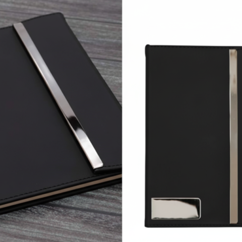Luxury Black Notebook with Polished Metal Accent – Elegant, Modern & Professional Design