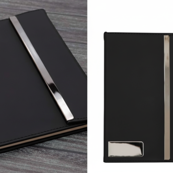 Luxury Black Notebook with Polished Metal Accent – Elegant, Modern & Professional Design