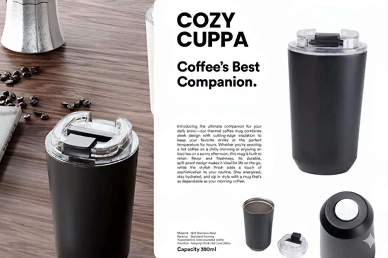 COZY CUPPA 380ml Thermal Mug – Stainless Steel Insulated Coffee Cup with Spill-Proof Lid |CODE: LIT- TM172 - Image 3