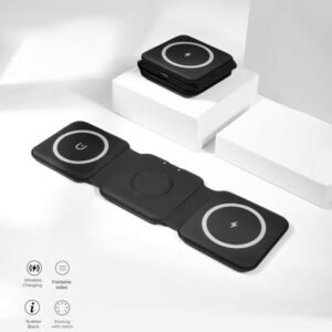 Foldable 3-in-1 Wireless Charging Station – Safe Charging for Phone, Smartwatch & Earbuds – Black Rubber Finish  |CODE:WCT15