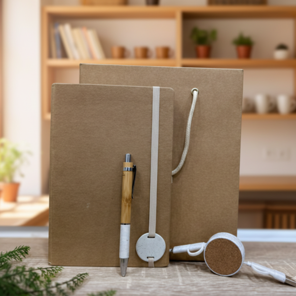 Eco-Friendly Corporate Gift Set – Kraft Notebook, Bamboo Pen & Multi Charging Cable with Gift Bag