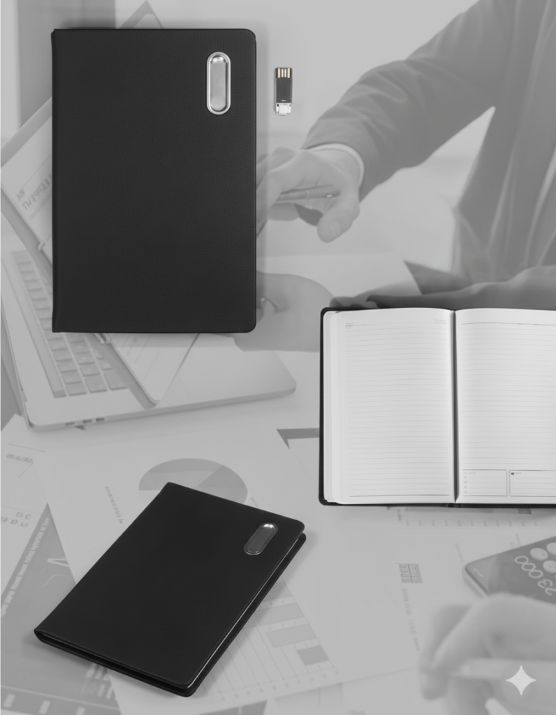 Premium A5 Notebook with Built-in 32GB Flash Drive – Textured Leather Design