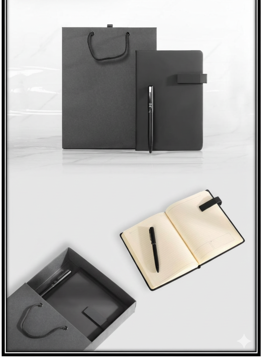 Elegant Black Office Gift Set – Notebook, Pen & Gift Bag - Image 3