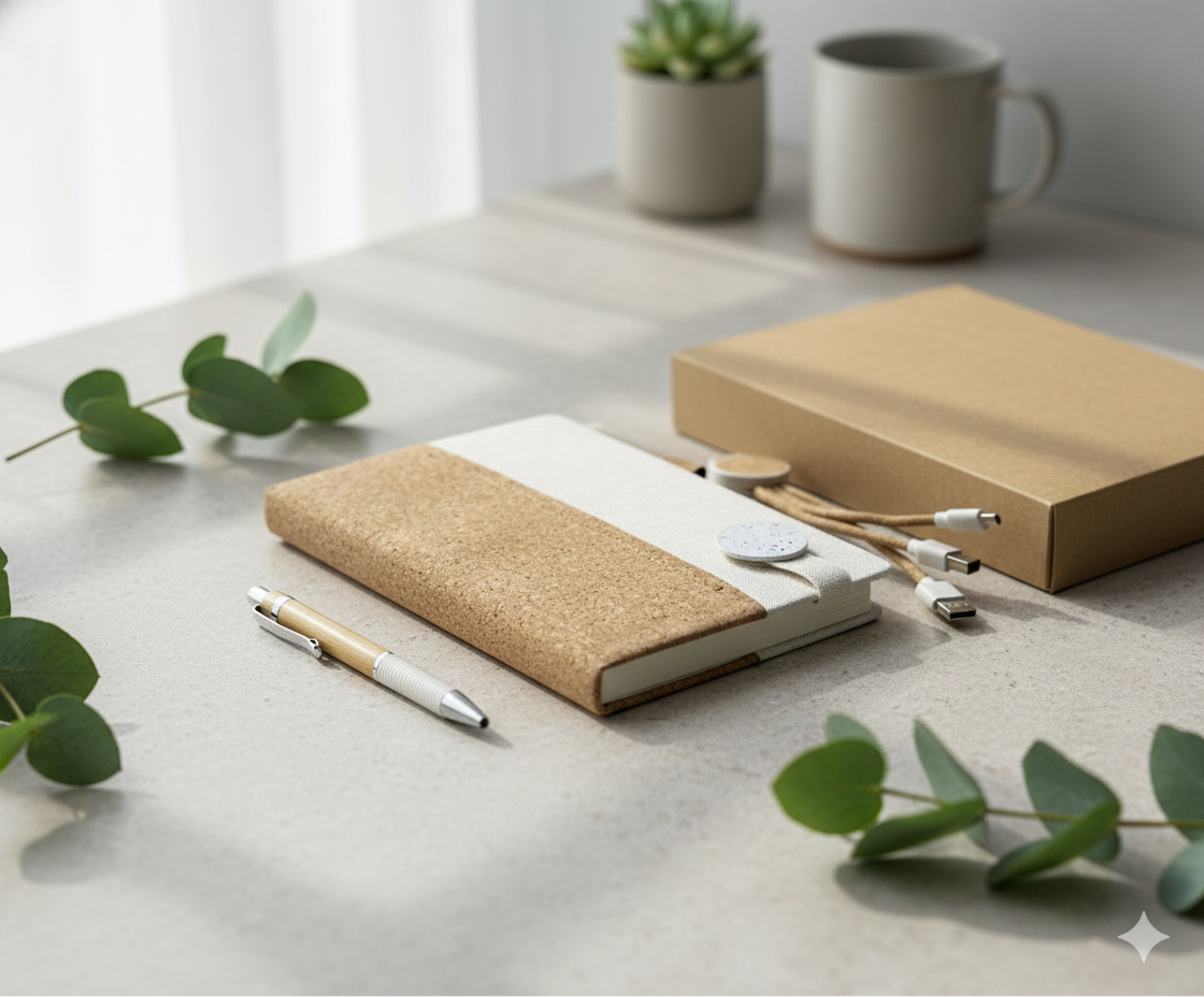 Premium Eco-Friendly Executive Gift Set – Cork & Fabric Notebook, Bamboo Pen, 3-in-1 Charging Cable with Kraft Bag - Image 3