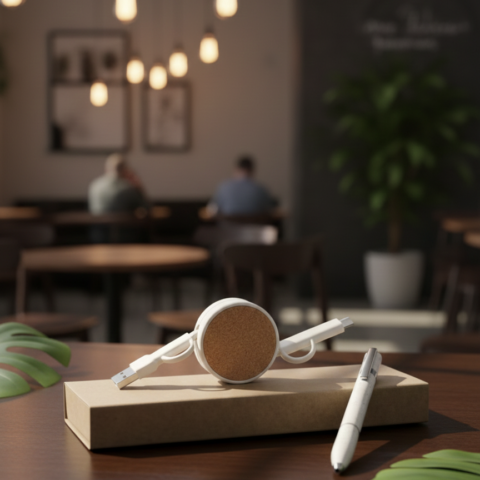 Eco-Friendly Office Gift Set – Retractable Cork Charging Cable with Elegant White Pen