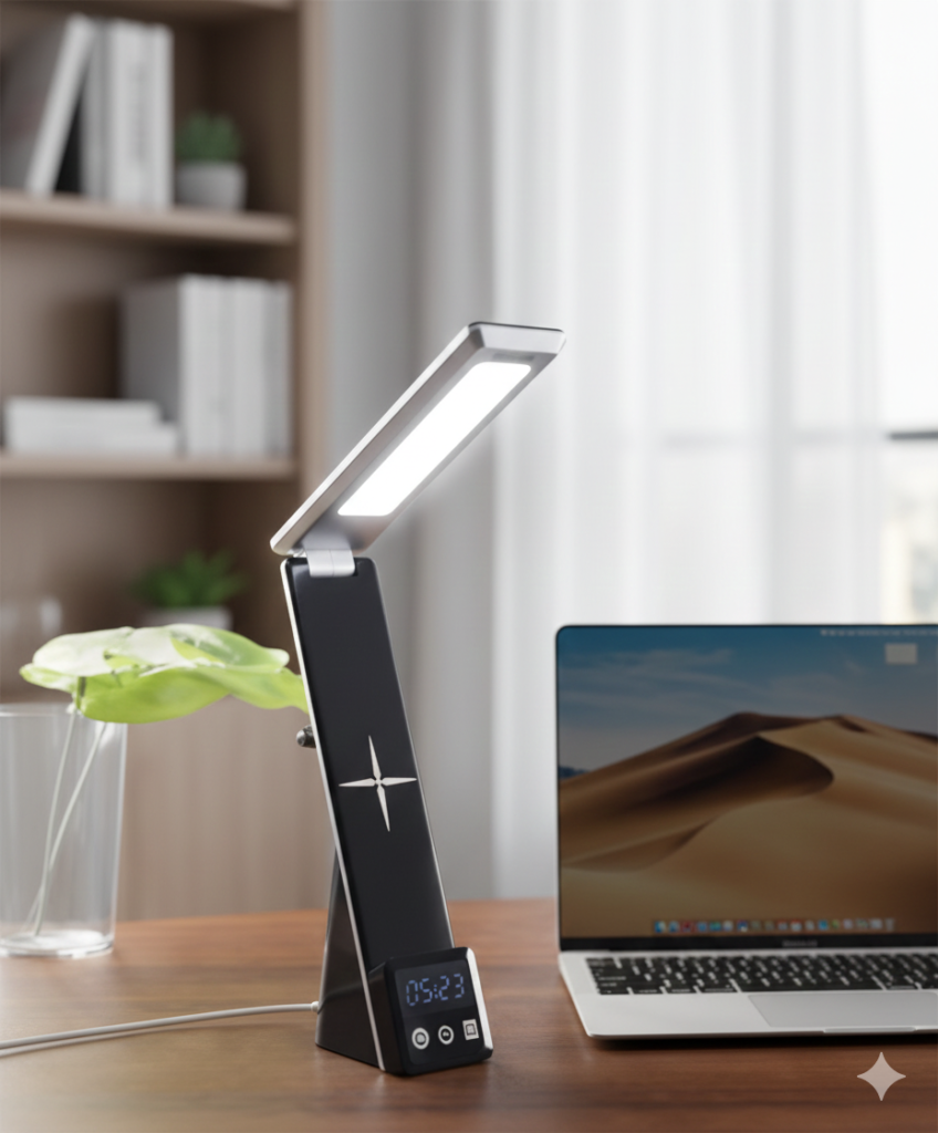 6-in-1 Smart Desk Set with Wireless Charging, LED Light & Digital Clock – Foldable Elegant Design |code:WCT7