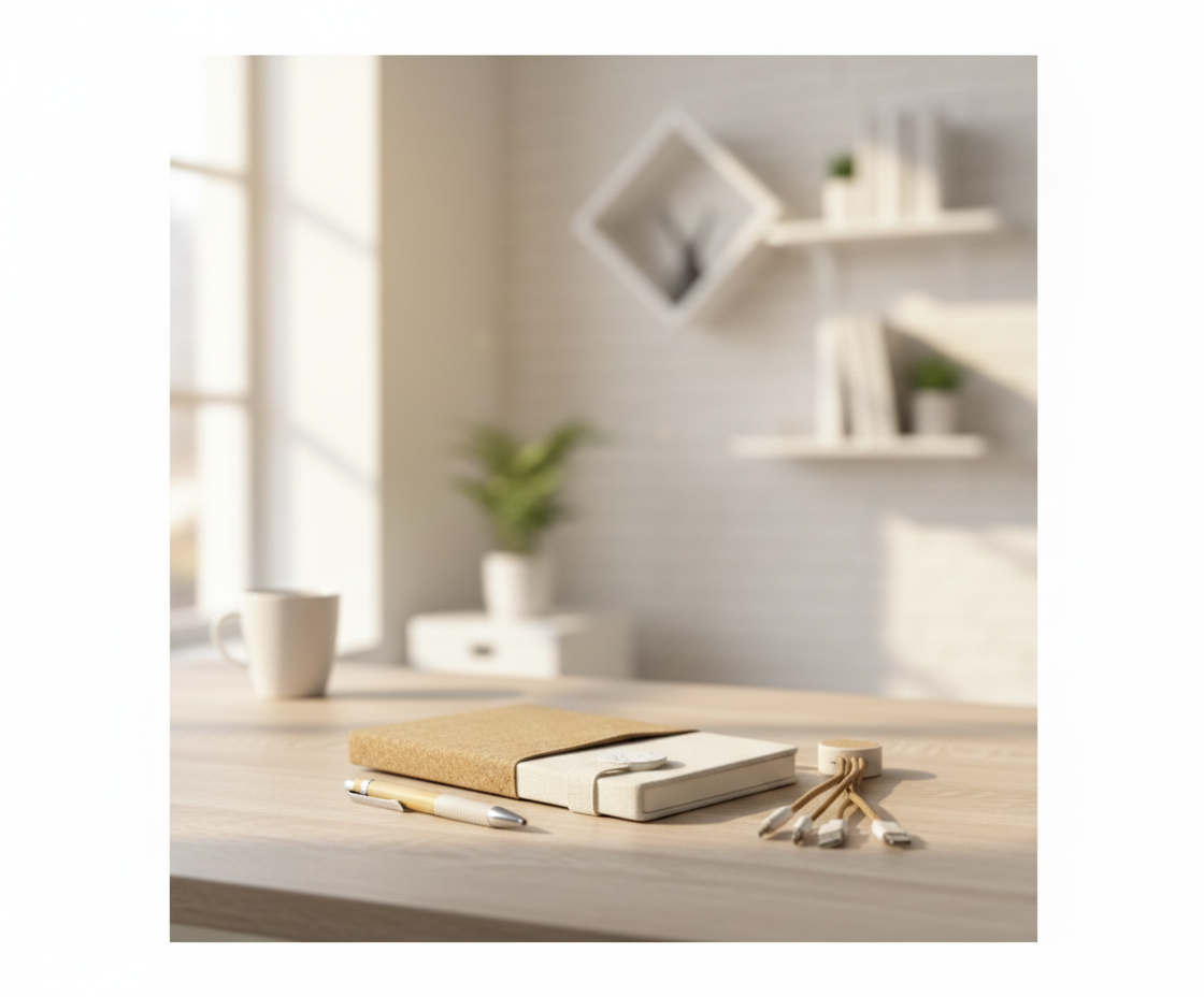 Premium Eco-Friendly Executive Gift Set – Cork & Fabric Notebook, Bamboo Pen, 3-in-1 Charging Cable with Kraft Bag