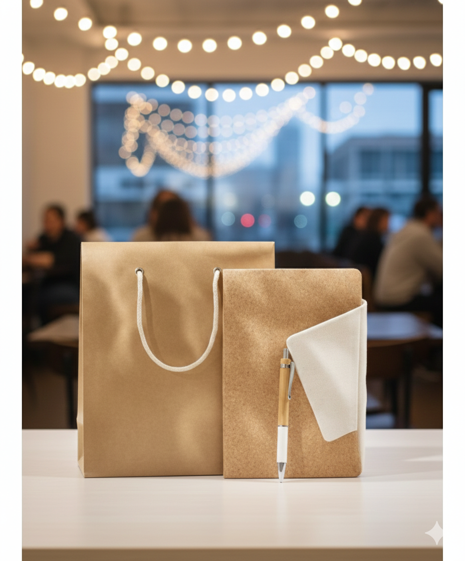 Eco Office Gift Set with Kraft Bag, Cork Notebook & Pen – Minimal Professional Design