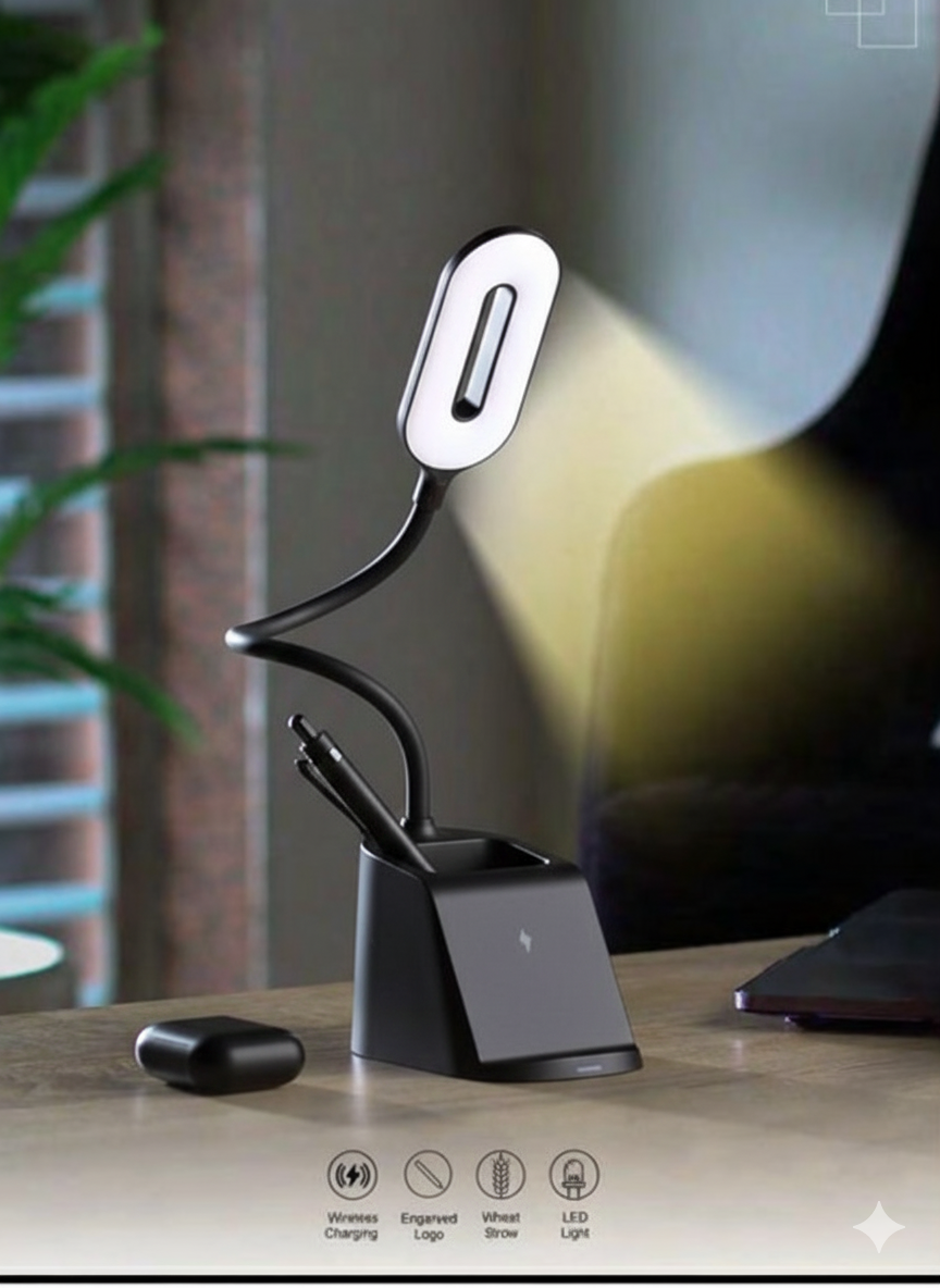 LED Smart Desk Set with 15W Wireless Charger & Adjustable Desk Lamp – Wheat Straw Material (WS-WCT23) - Image 2