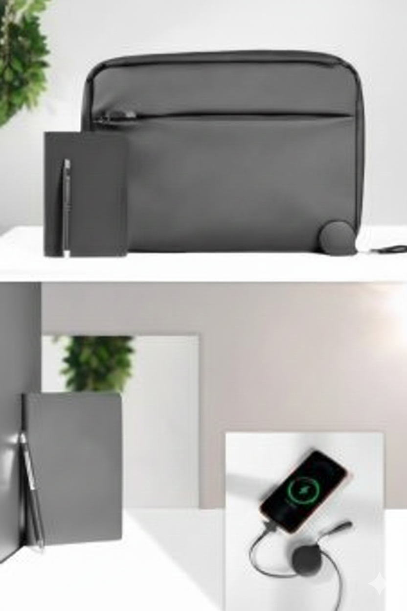 Premium Black Leather Set – Leather Bag + Notebook + Pen + Fast Wireless Charger