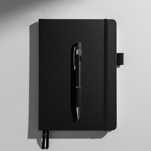 نوت بوك أسود فاخر مع قلم معدني – تصميم عملي واحترافي