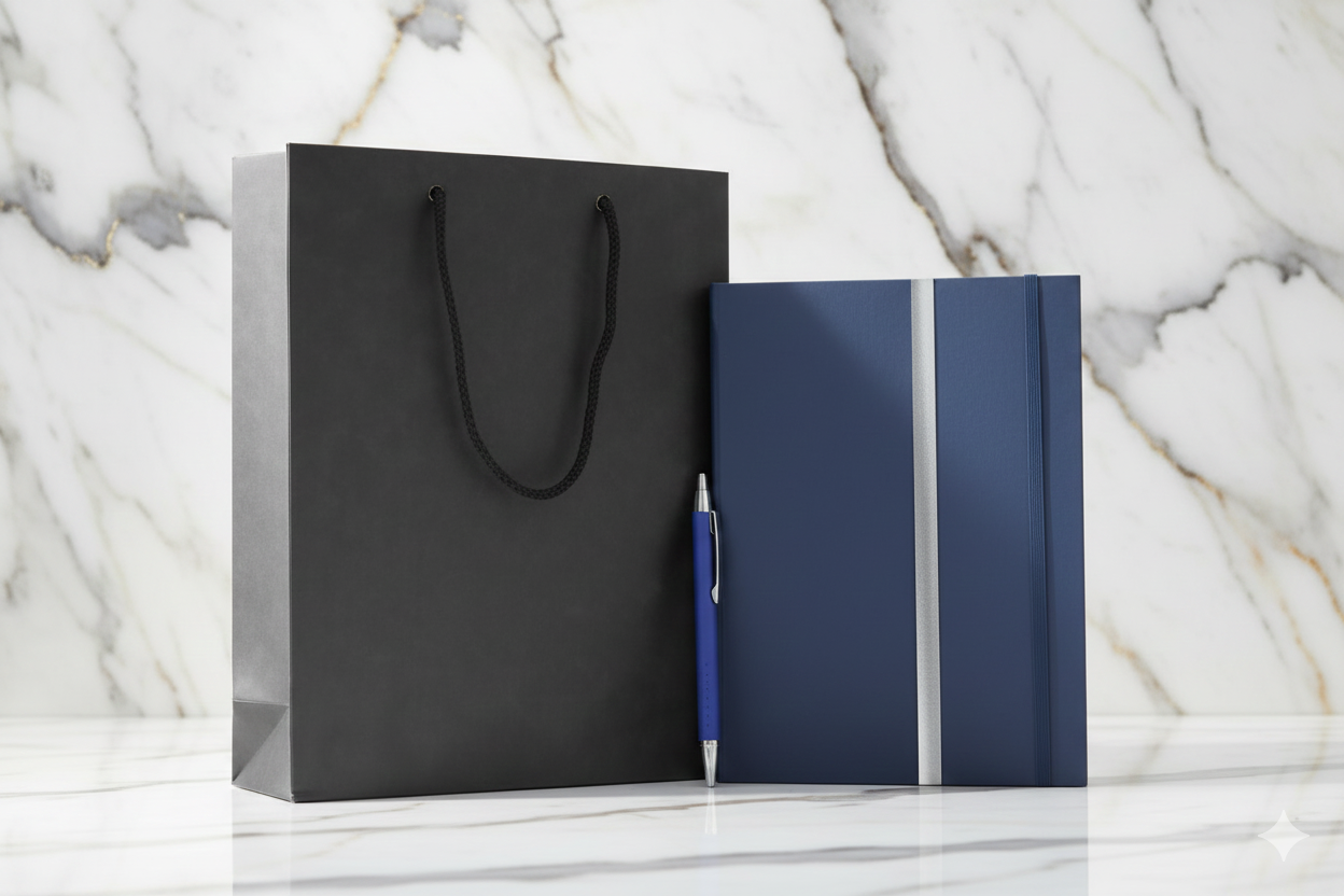 Premium Leather Notebook Gift Set with Blue Metal Pen and Gift Bag