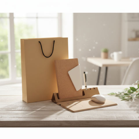 Eco-Friendly Office Gift Set – Cork Notebook & Pen with Wireless Charging Desk Mat and Mouse