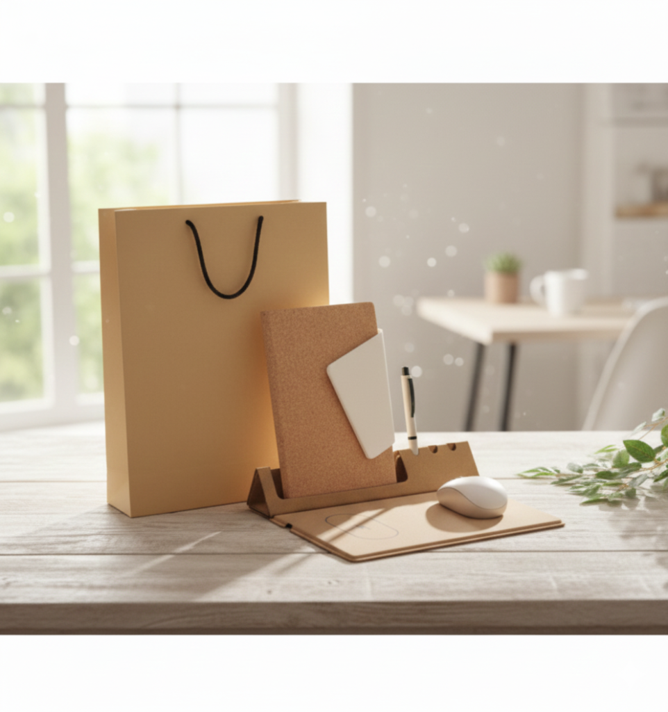 Eco-Friendly Office Gift Set – Cork Notebook & Pen with Wireless Charging Desk Mat and Mouse