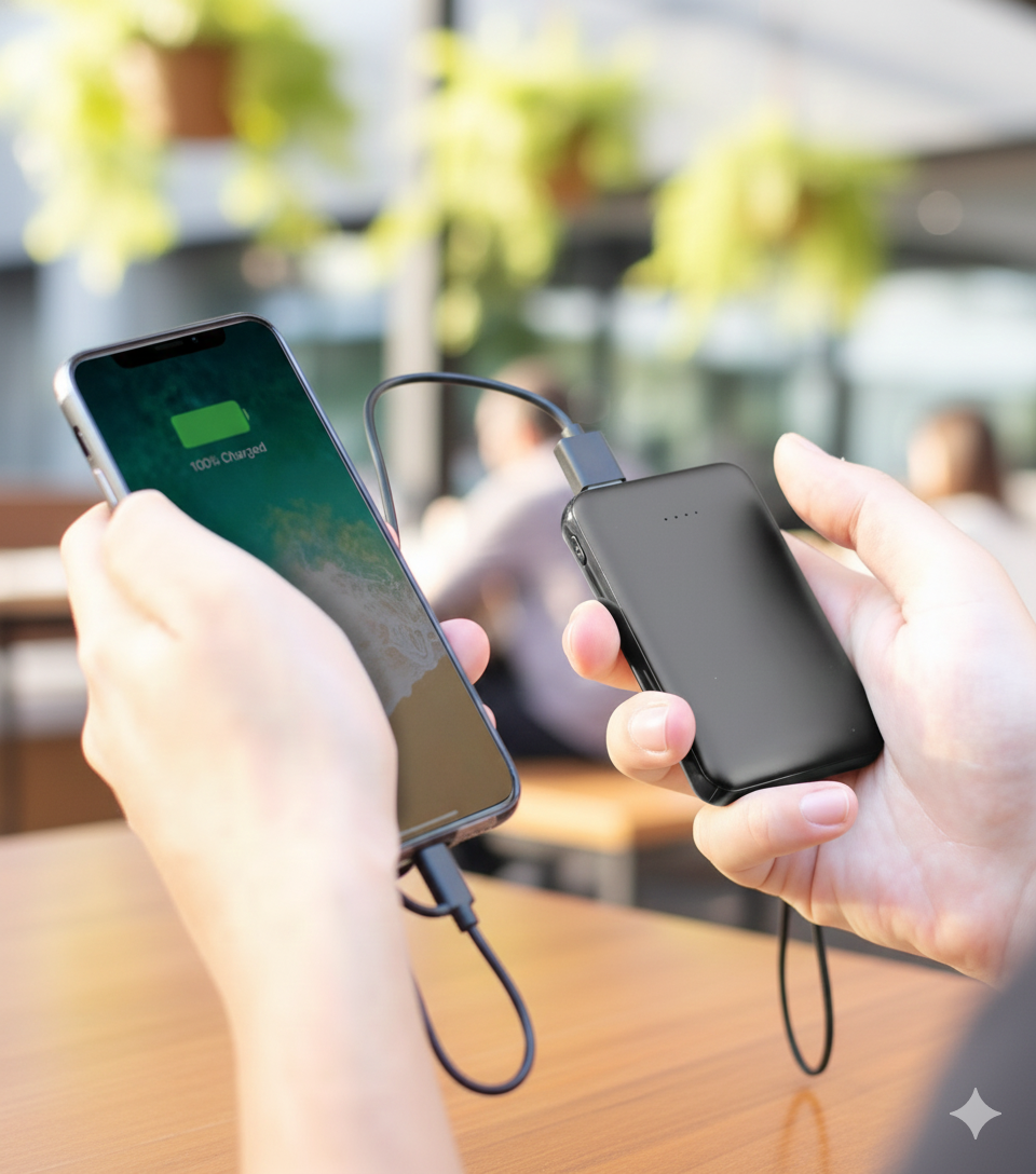 Mini Power Bank with Built-in Charging Cable – Slim Black Rubber Design – Ideal for Daily Use & Gifting
